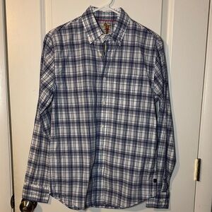 NEW Relwen Plaid Button Down Lightweight Shirt Men’s size sm in White Blue Plaid